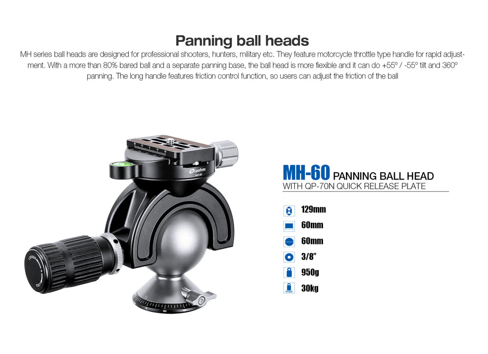 Leofoto MH-60 Panning Ball Head /w Handlebar Control Arca Leofoto MH-60 Panning Ball Head /w Handlebar Control Arca