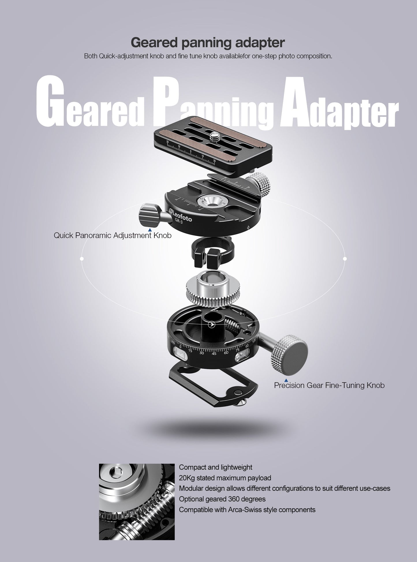 
                  
                    Leofoto G4PROM Four Way Geared Head with GR-3 Extended Knob Geared Panning Adapter | Arca Compatible
                  
                