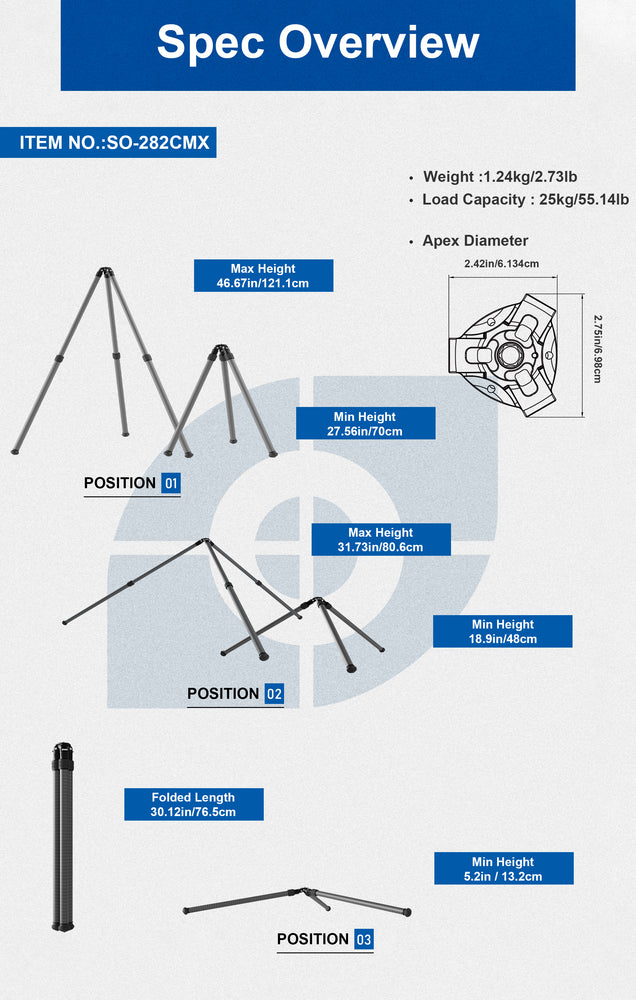 
                  
                    "Open Box" Leofoto SO-282CMX (Short) Inverted Outdoors Series Carbon Fiber Tripod with FIXED Apex/Platform
                  
                