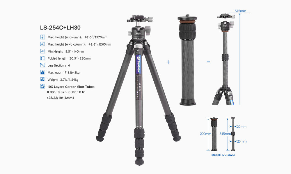 Leofoto LS-254C Professional Light Weight Carbon Fiber Tripod Kit