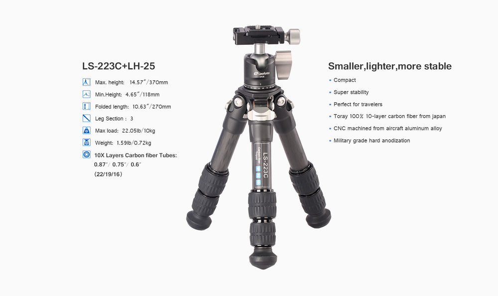 Leofoto LS-223C Mini Professional Light Weight Carbon Fiber Tripod Kit -  LS-223C