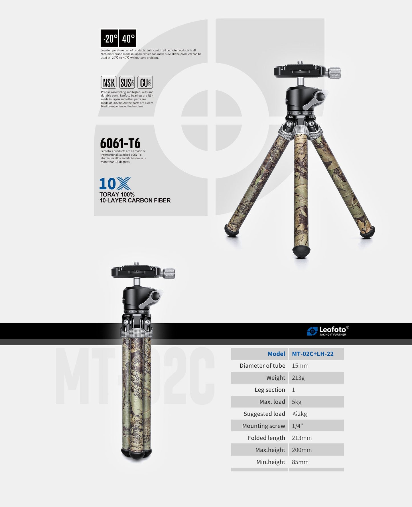 Leofoto MT-02C (Camo) + LH-22 Mini Tabletop Travel Tripod with