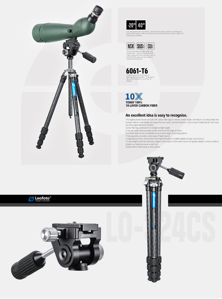 
                  
                    Leofoto LO-223CS/LO-224CS + SW-02 Carbon Fiber Tripod for Binoculars + 2-Way Pan Head Kit. 22 lbs Max Load
                  
                
