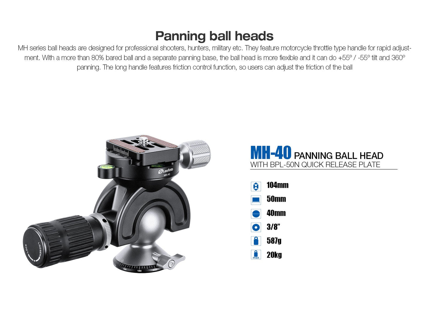 
                  
                    Leofoto MH-40 Panning Ball Head w Handlebar Control Arca Compatible Ideal for Target Shooting
                  
                